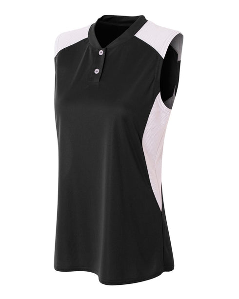 A4 Womens Sleeveless Henley w/ Stretch Mesh Contrast